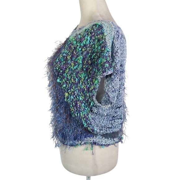 Vintage 90s Blue Patchwork Shaggy Eyelash Knit Short Sleeve Sweater M - Picture 3 of 4
